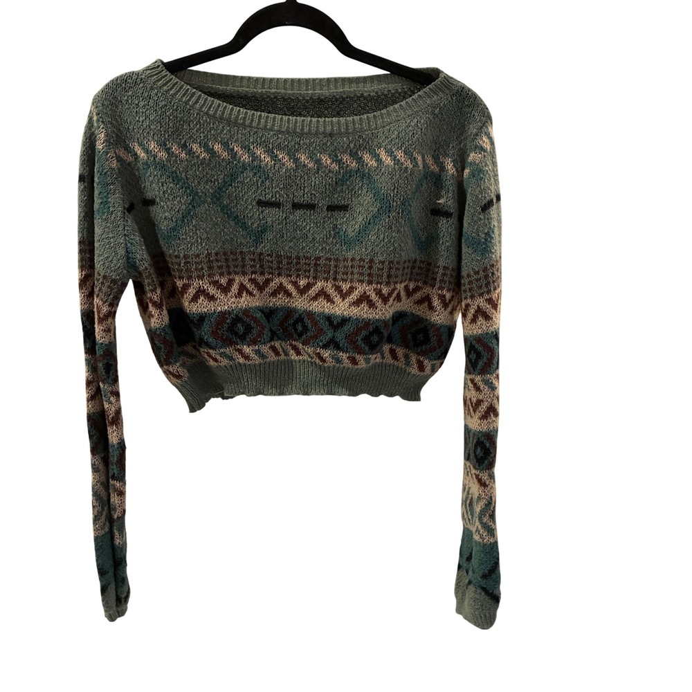 Fair Isle Southwestern Cropped Sweater Womens Size M Green Beige Aztec Lagenlook